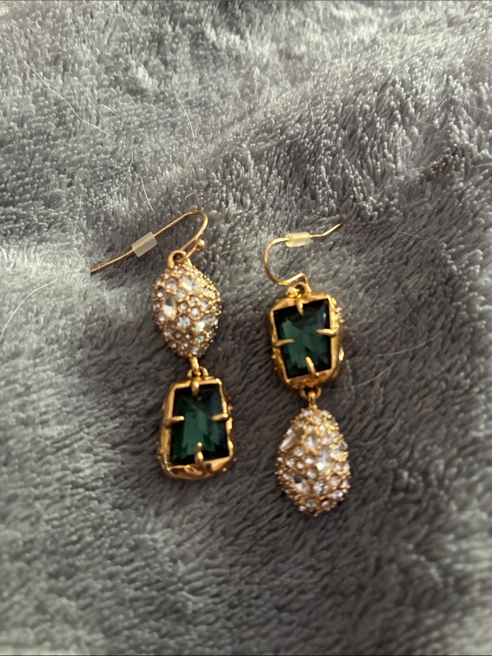 Alexis Bittar Gold-Tone Dangle Earrings with Dark Green Stones and Pavé Drops
